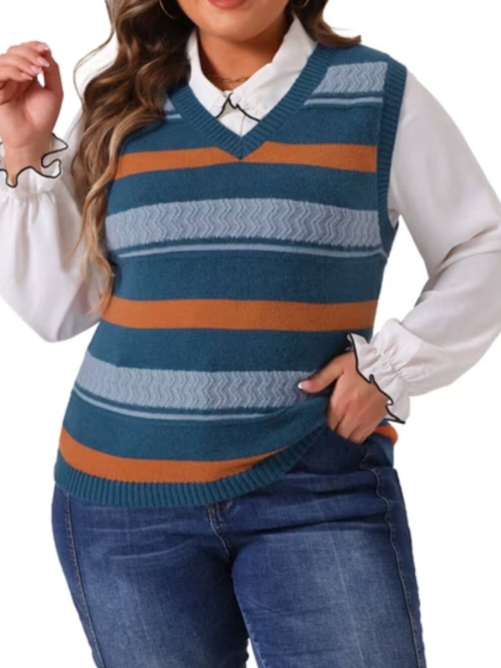 NWT Agnes Orinda V-Neck Teal/Orange Striped Knit Sweater Vest Women's Size 1X